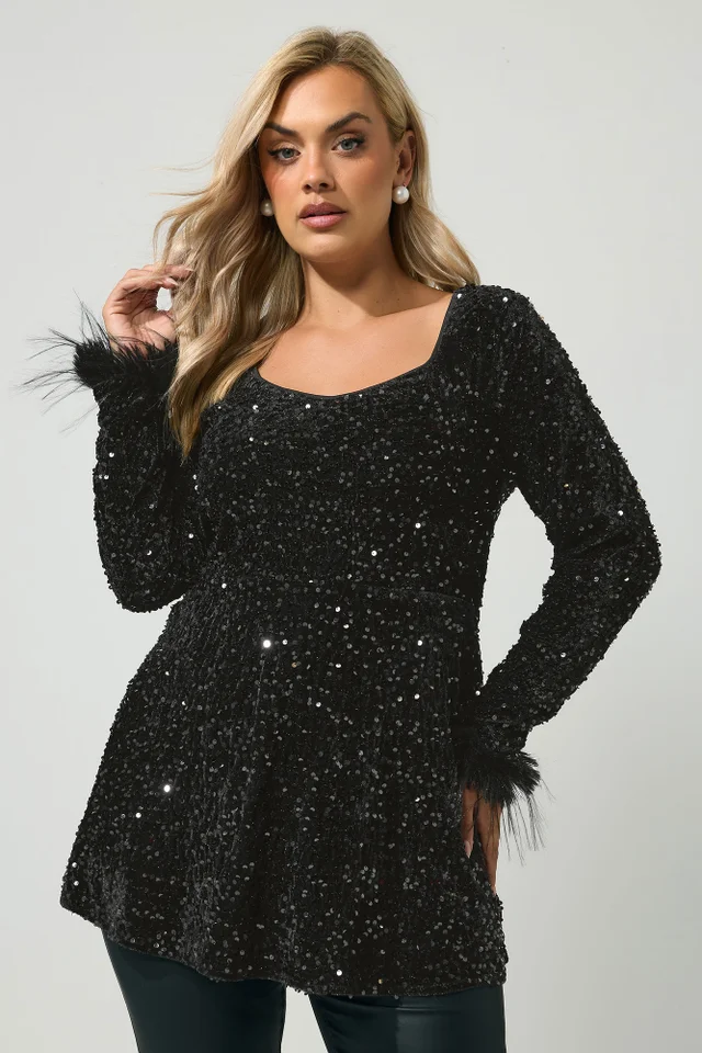 Yours London Curve Black Sequin Velvet Fur Trim Top