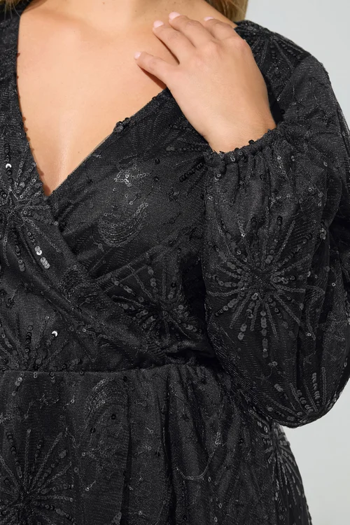 Yours London Curve Black Sequin Celestial Wrap Top - 22-24 Image 4