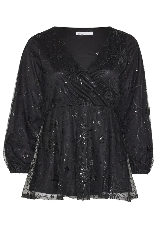 Yours London Curve Black Sequin Celestial Wrap Top - 22-24 Image 5