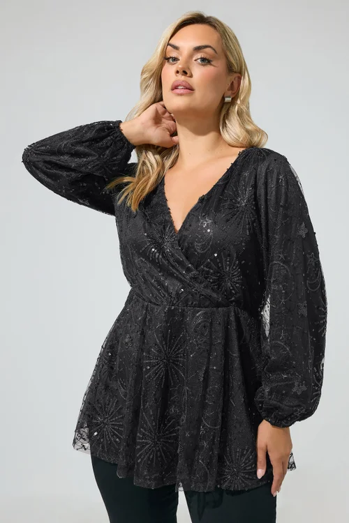 Yours London Curve Black Sequin Celestial Wrap Top - 22-24 Image 1