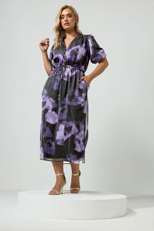 Yours London Curve Purple Blurred Floral Shirt Dress - 30-32 Image 1