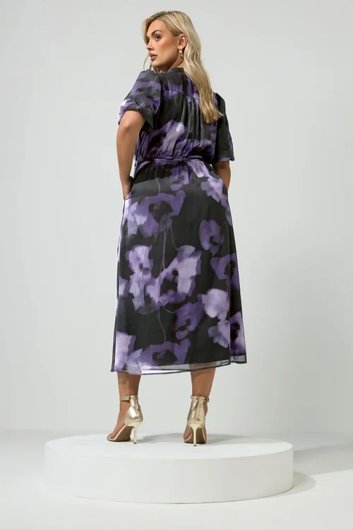 Yours London Curve Purple Blurred Floral Shirt Dress - 30-32 Image 3