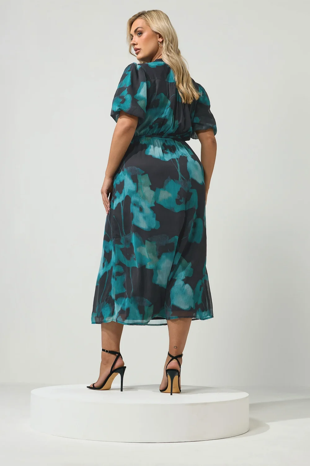 Yours London Curve Teal Green Blurred Floral Puff Sleeve Dress - 14 Image 3