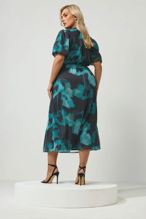 Yours London Curve Teal Green Blurred Floral Puff Sleeve Dress - 14 Image 3