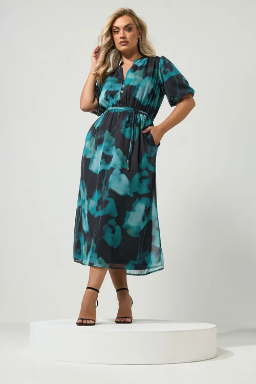 Yours London Curve Teal Green Blurred Floral Puff Sleeve Dress - 14 Image 2