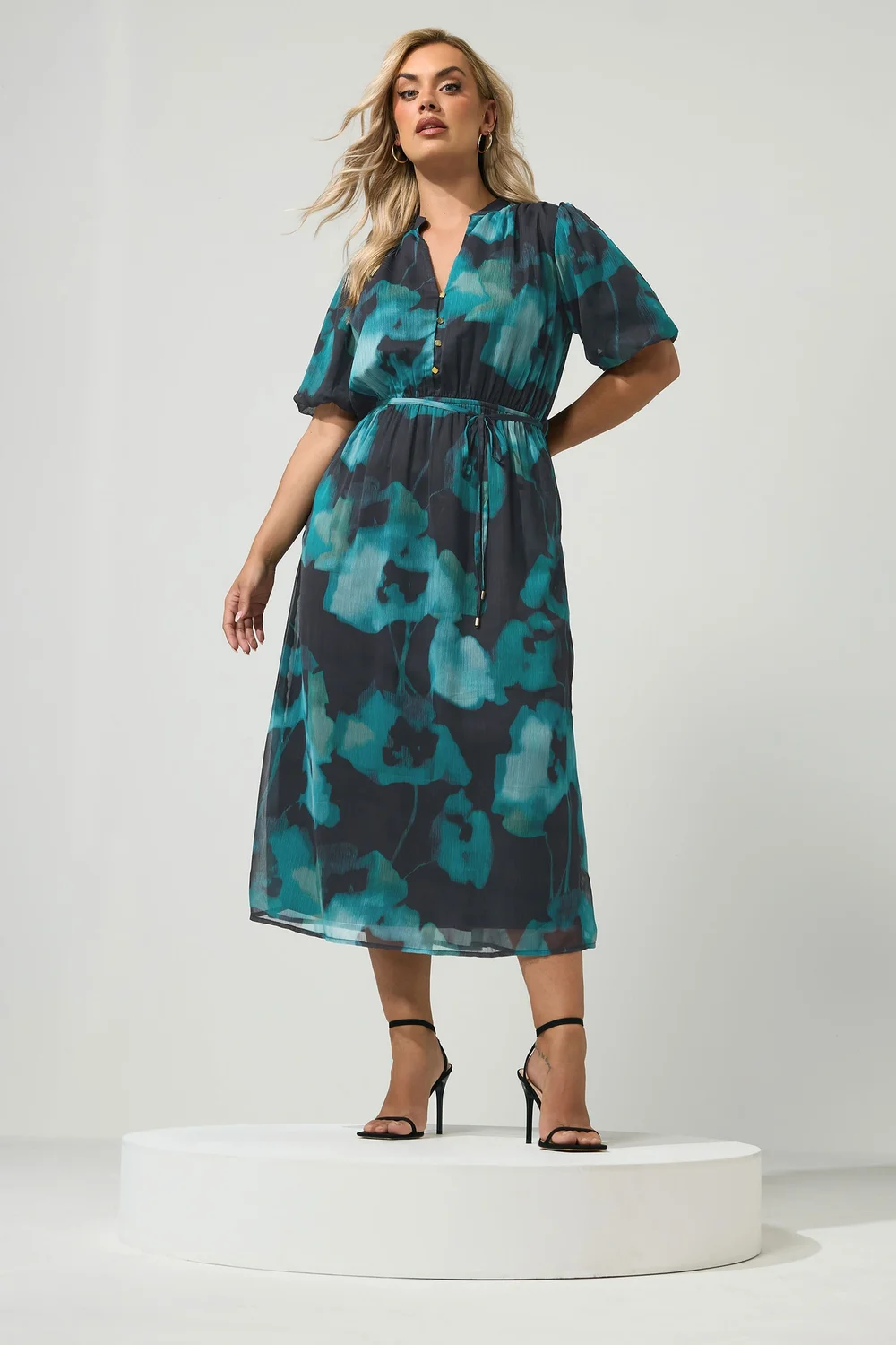 Yours London Curve Teal Green Blurred Floral Puff Sleeve Dress - 14 Image 1