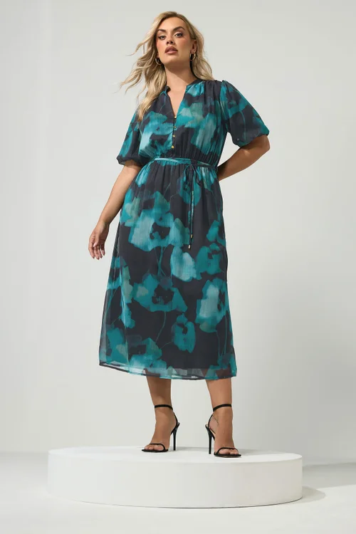 Yours London Curve Teal Green Blurred Floral Puff Sleeve Dress - 14 Image 1