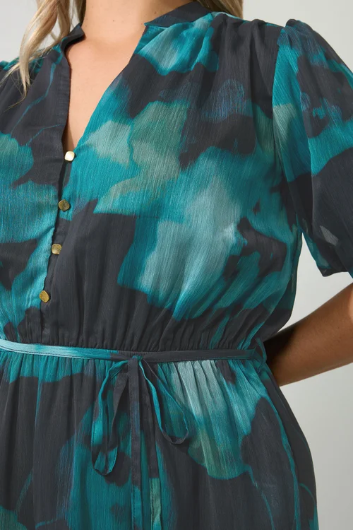 Yours London Curve Teal Green Blurred Floral Puff Sleeve Dress - 14 Image 4