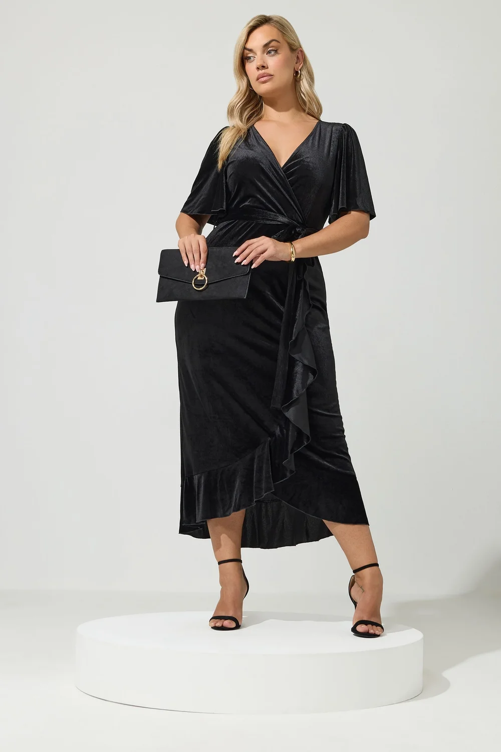 Yours London Curve Black Velvet Wrap Dress - 30-32 Image 2