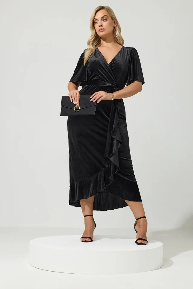 Yours London Curve Black Velvet Wrap Dress