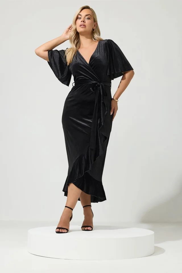 Yours London Curve Black Velvet Wrap Dress