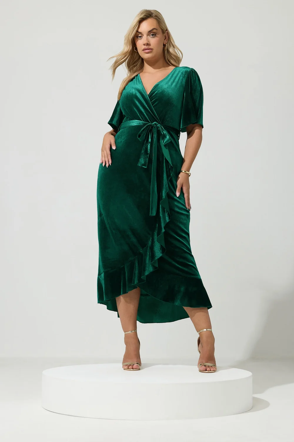 Yours London Curve Green Velvet Wrap Dress - 20 Image 2
