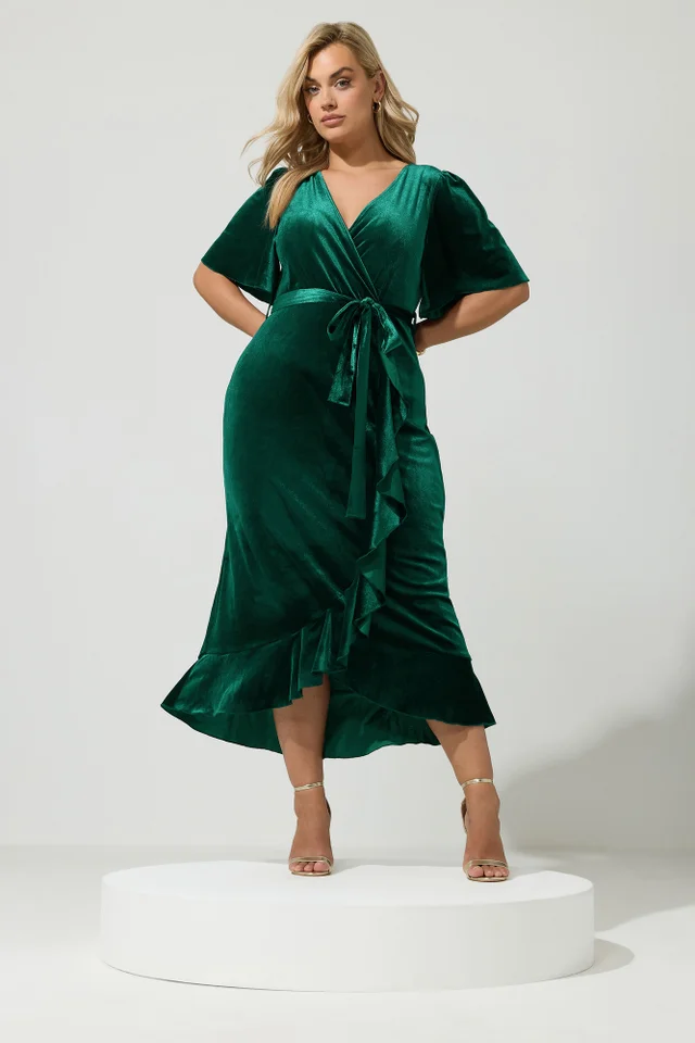 Yours London Curve Green Velvet Wrap Dress
