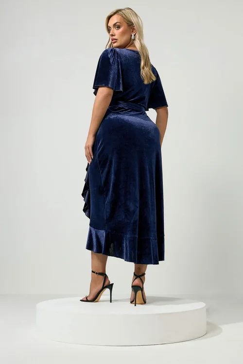 Yours London Curve Navy Blue Velvet Wrap Front Dress - 26-28 Image 3