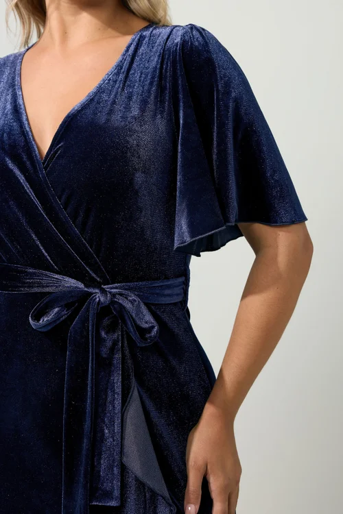 Yours London Curve Navy Blue Velvet Wrap Front Dress - 26-28 Image 4