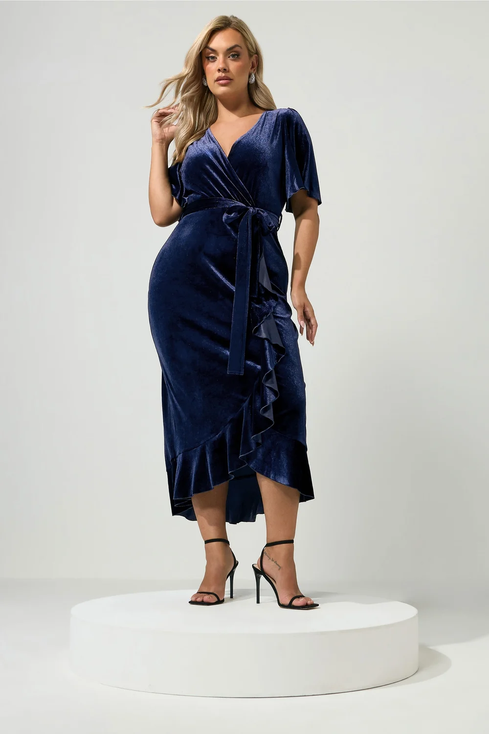 Yours London Curve Navy Blue Velvet Wrap Front Dress - 26-28 Image 2