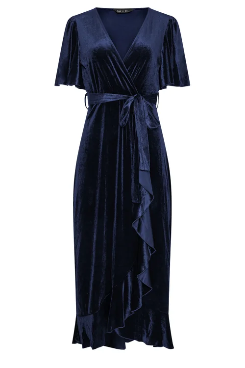 Yours London Curve Navy Blue Velvet Wrap Front Dress - 26-28 Image 5