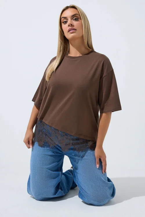 Yours Limited Collection Brown Lace Hem Asymmetric Top - 26-28 Image 1