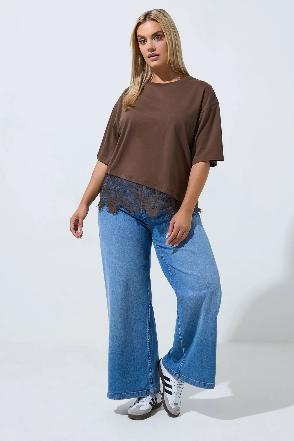 Yours Limited Collection Brown Lace Hem Asymmetric Top - 26-28 Image 2