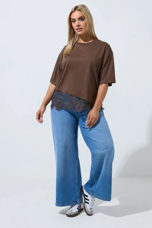 Yours Limited Collection Brown Lace Hem Asymmetric Top - 26-28 Image 2