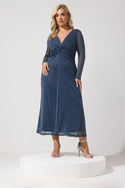 Yours London Curve Navy Blue Metallic Knot Maxi Dress - 26-28 Image 2