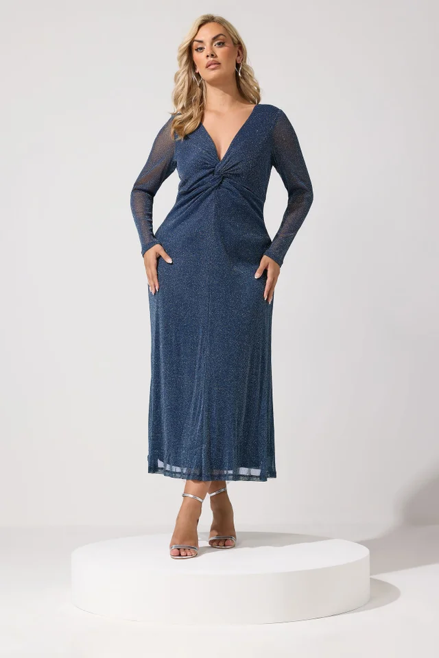 Yours London Curve Navy Blue Metallic Knot Maxi Dress