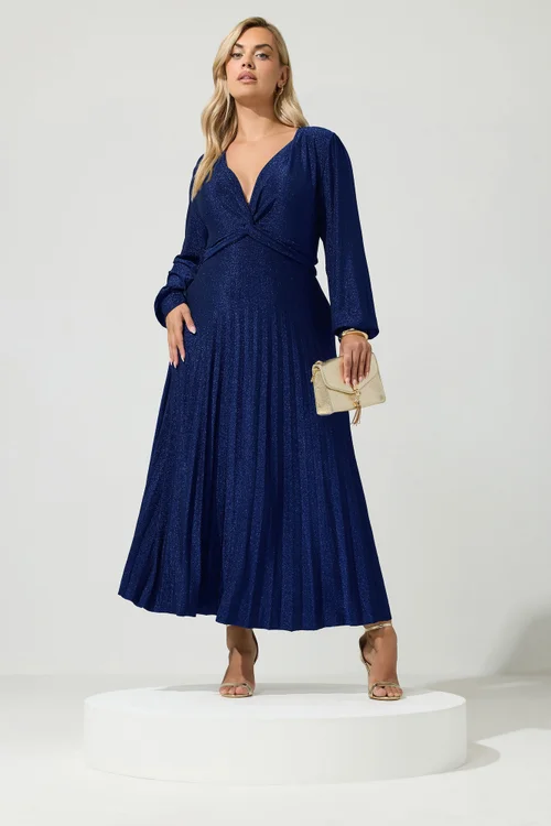 Yours London Curve Cobalt Blue Metallic Knot Pleated Maxi Dress - 20 Image 2