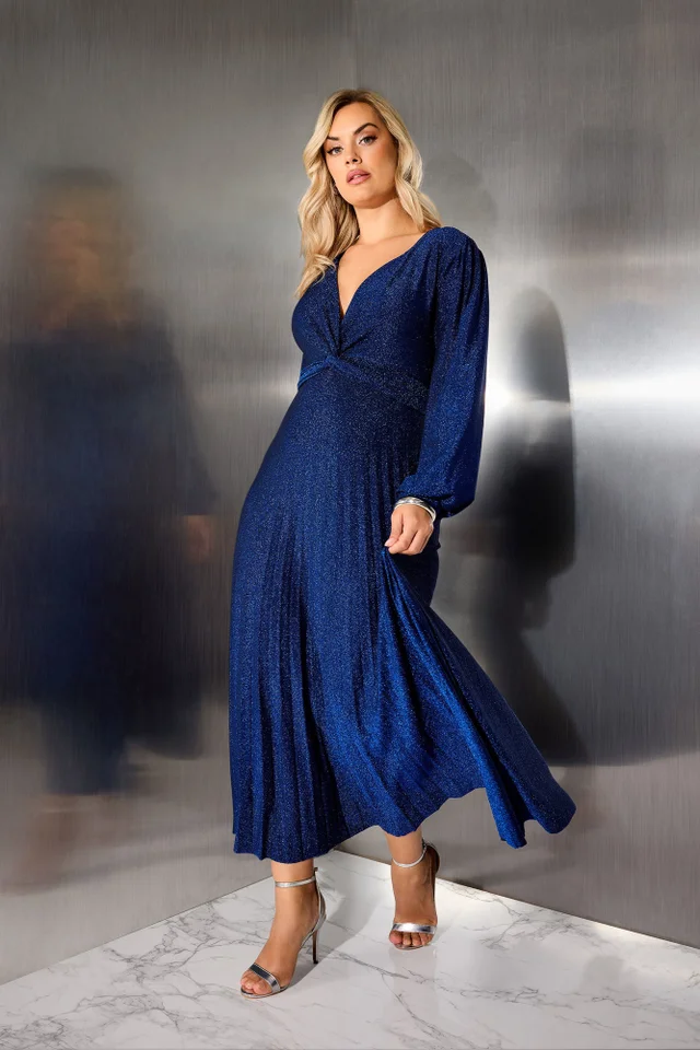 Yours London Curve Cobalt Blue Metallic Knot Pleated Maxi Dress