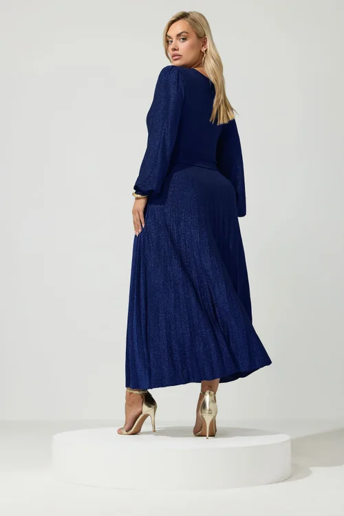 Yours London Curve Cobalt Blue Metallic Knot Pleated Maxi Dress - 20 Image 3