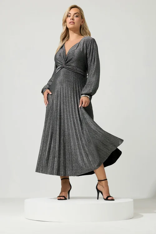 Yours London Curve Silver Metallic Knot Pleated Maxi Dress - 20 Image 1