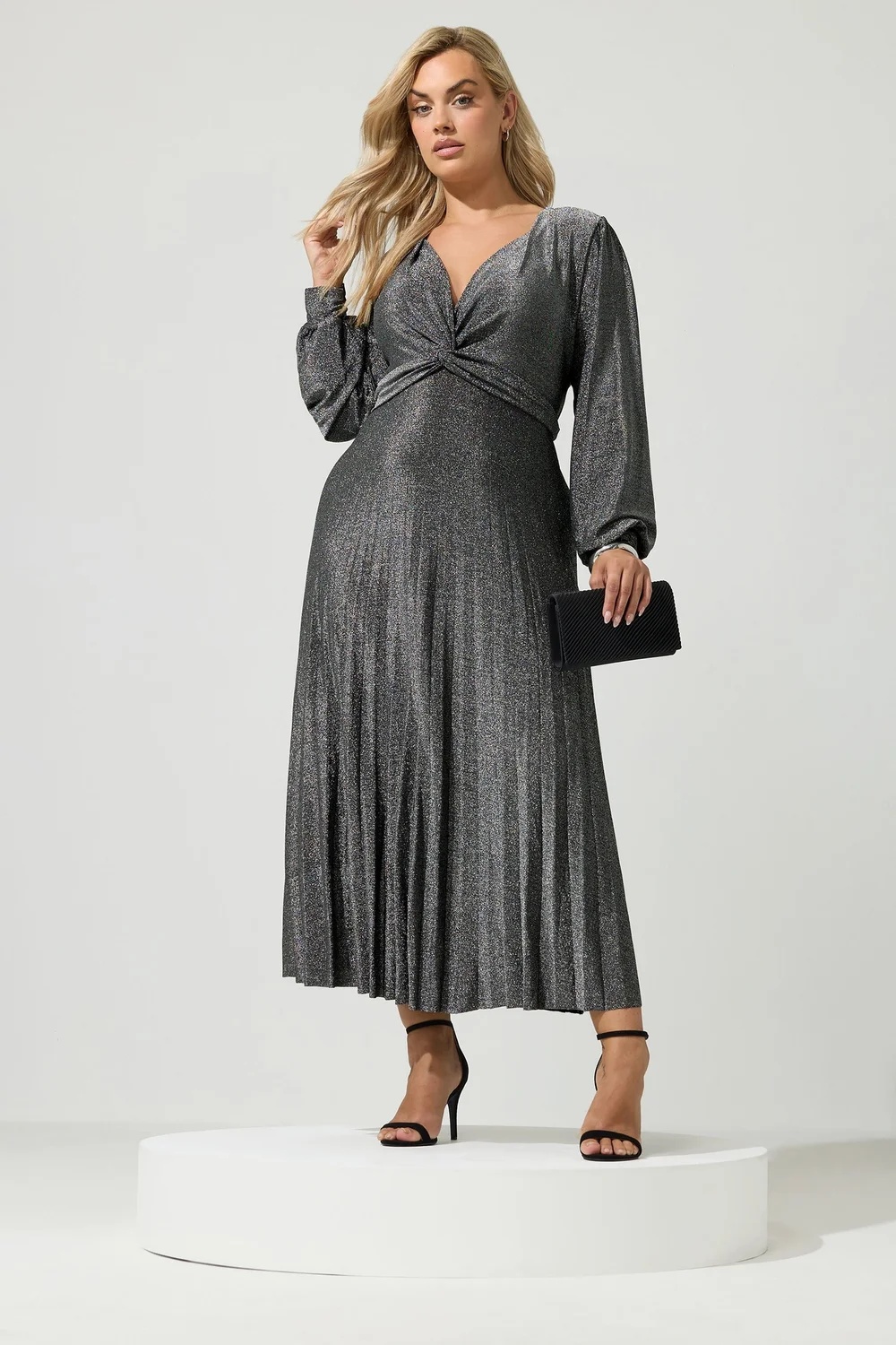 Yours London Curve Silver Metallic Knot Pleated Maxi Dress - 20 Image 2