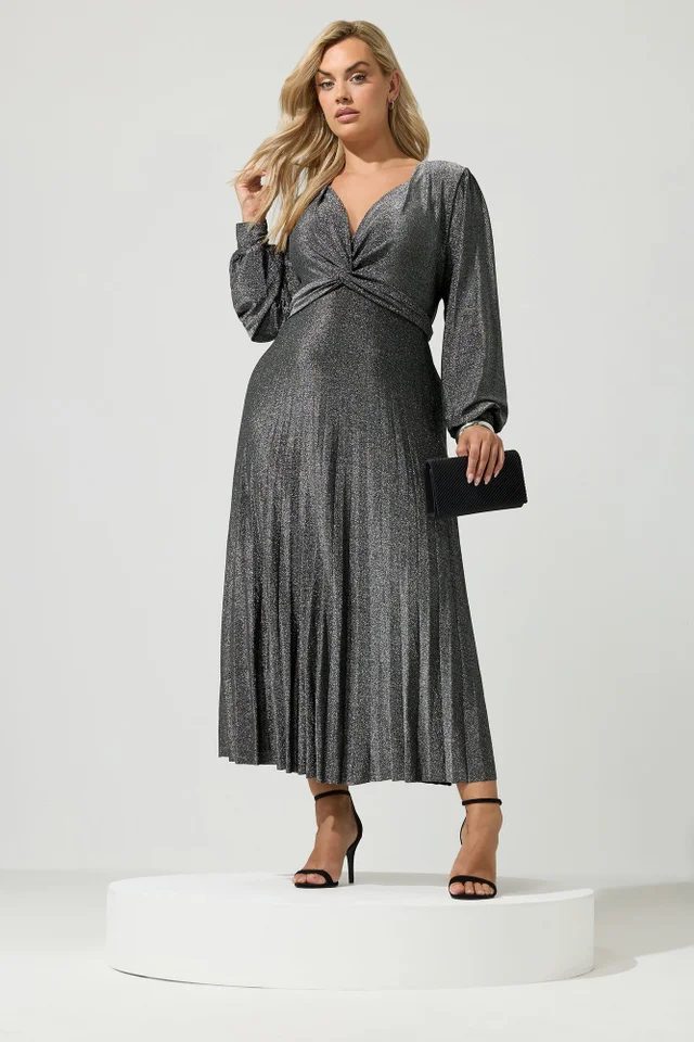 Yours London Curve Silver Metallic Knot Pleated Maxi Dress