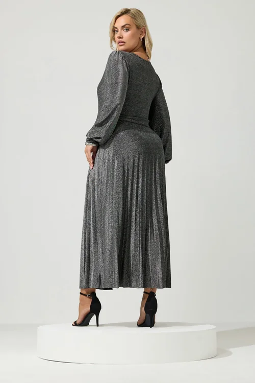 Yours London Curve Silver Metallic Knot Pleated Maxi Dress - 20 Image 3