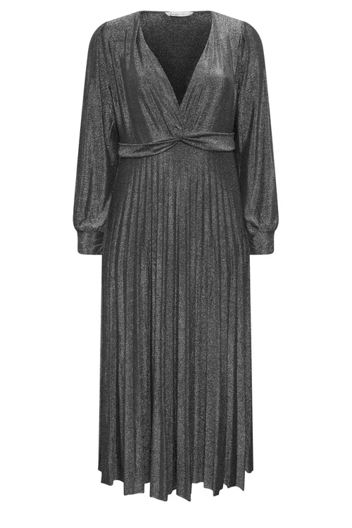 Yours London Curve Silver Metallic Knot Pleated Maxi Dress - 20 Image 5