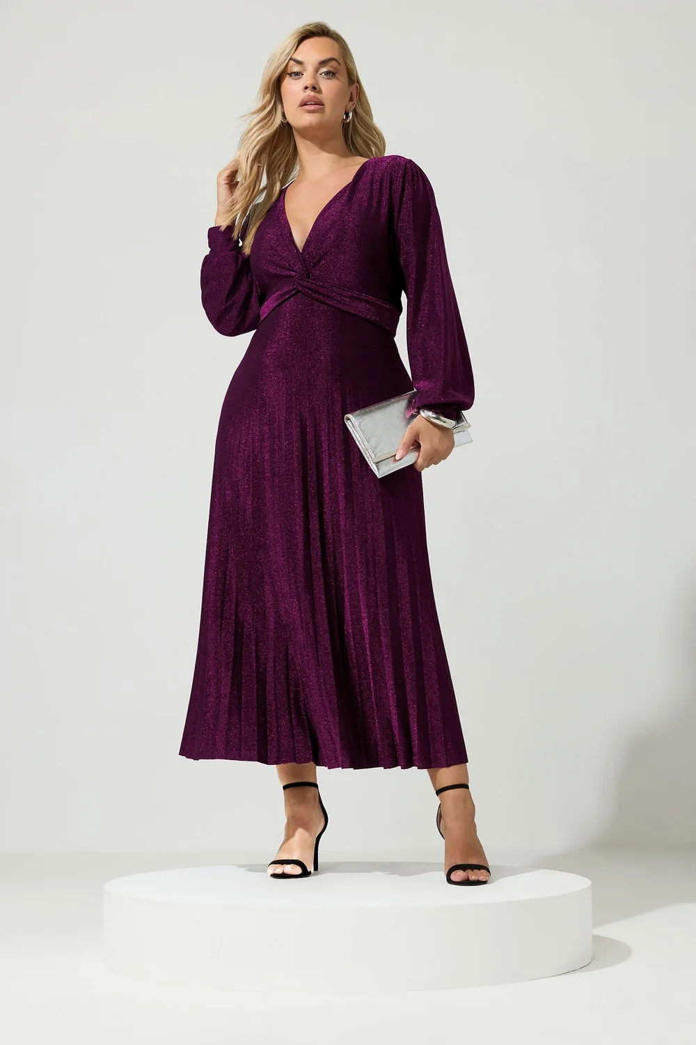 Yours London Curve Purple Metallic Knot Pleated Maxi Dress - 24 Image 2