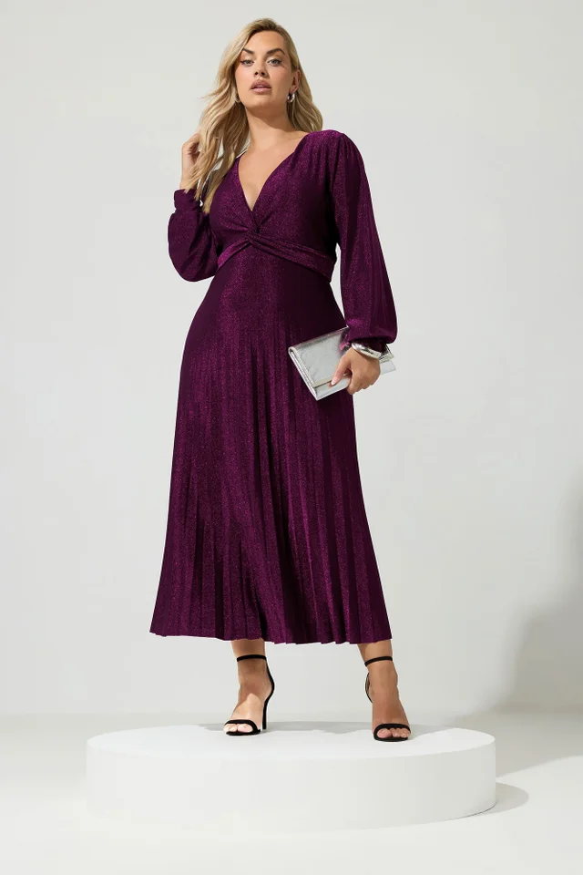 Yours London Curve Purple Metallic Knot Pleated Maxi Dress