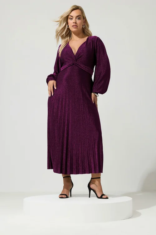 Yours London Curve Purple Metallic Knot Pleated Maxi Dress - 24 Image 1