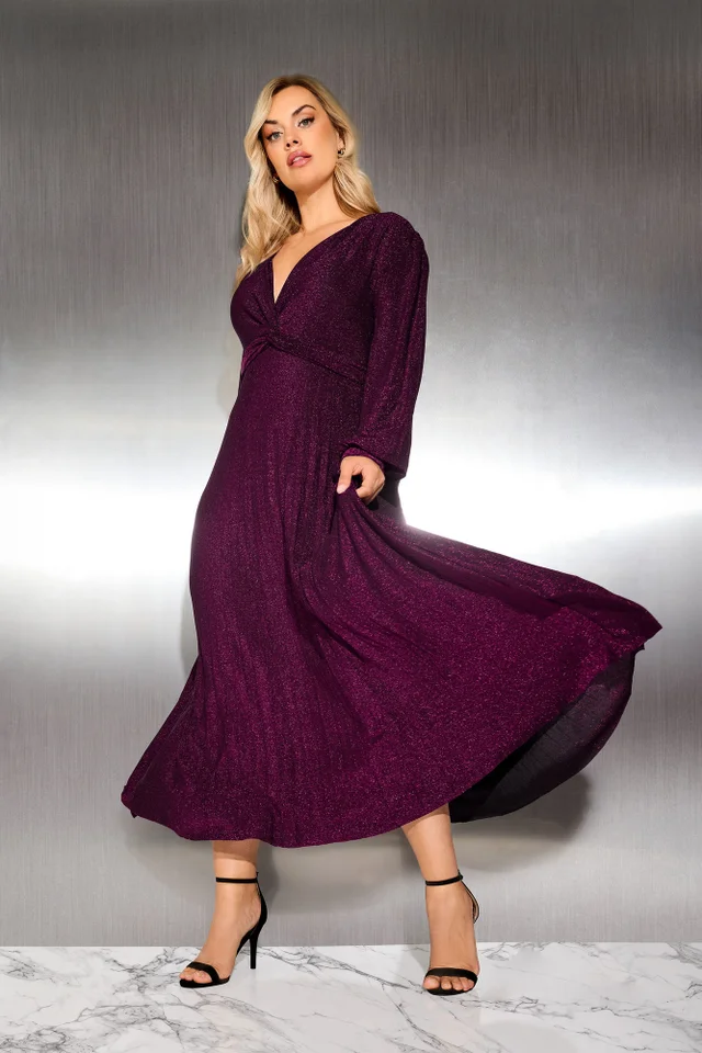 Yours London Curve Purple Metallic Knot Pleated Maxi Dress