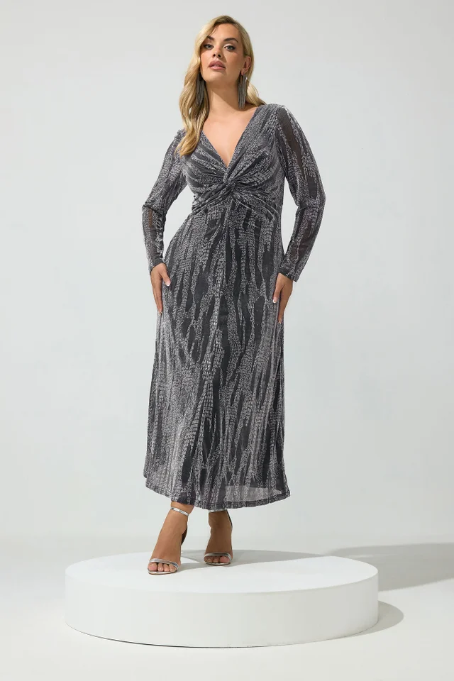 Yours London Curve Black & Silver Metallic Knot Dress