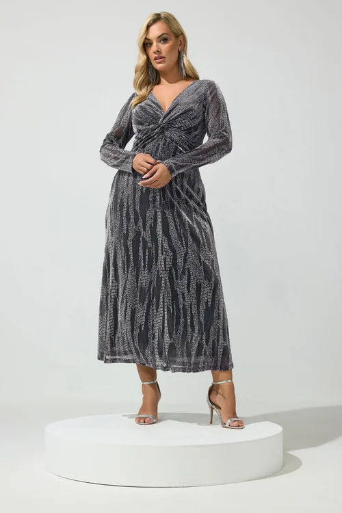 Yours London Curve Black & Silver Metallic Knot Dress - 26-28 Image 2