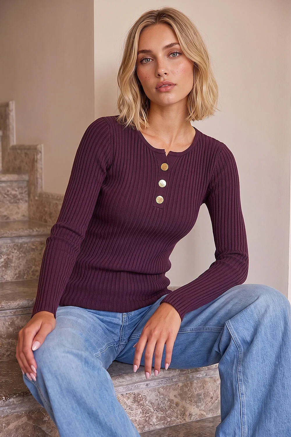 Dusk Plum Button Detail Knitted Top - 10 Image 1