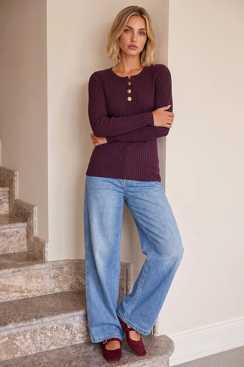 Dusk Plum Button Detail Knitted Top - 10 Image 2