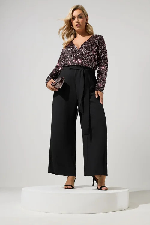 Yours London Curve Chocolate Brown 2-In-1 Sequin Jumpsuit - 16 Image 2
