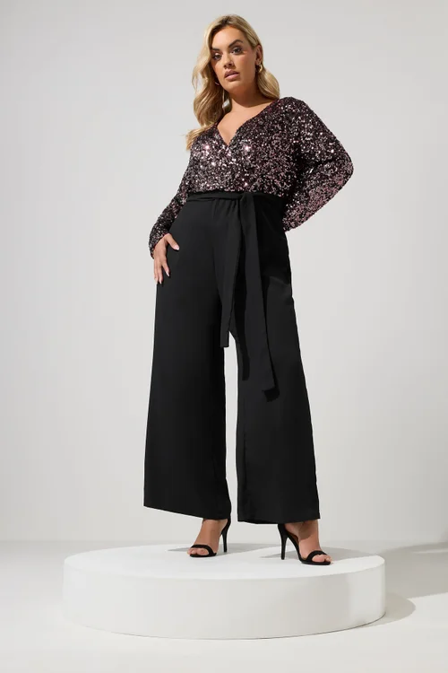 Yours London Curve Chocolate Brown 2-In-1 Sequin Jumpsuit - 16 Image 1