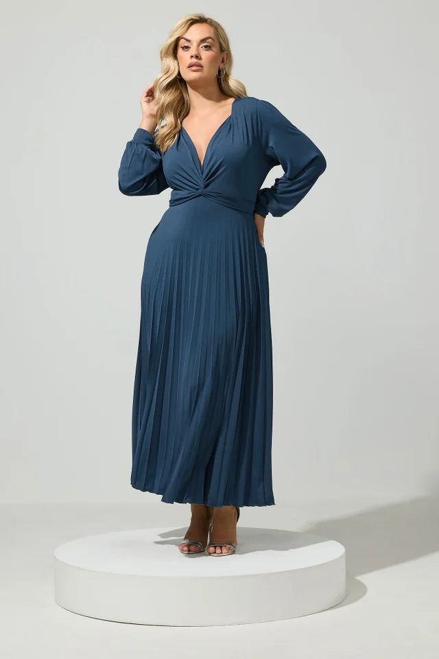 Yours London Curve Navy Blue Pleated Knot Front Maxi Dress