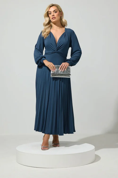 Yours London Curve Navy Blue Pleated Knot Front Maxi Dress - 26-28 Image 2
