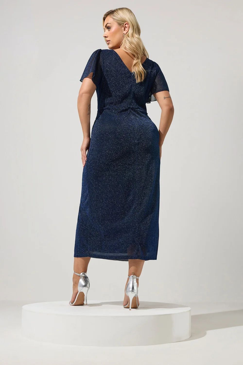 Yours London Curve Blue Metallic Wrap Dress - 26-28 Image 3