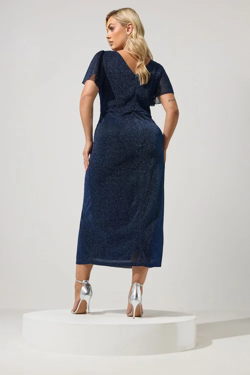 Yours London Curve Blue Metallic Wrap Dress - 26-28 Image 3