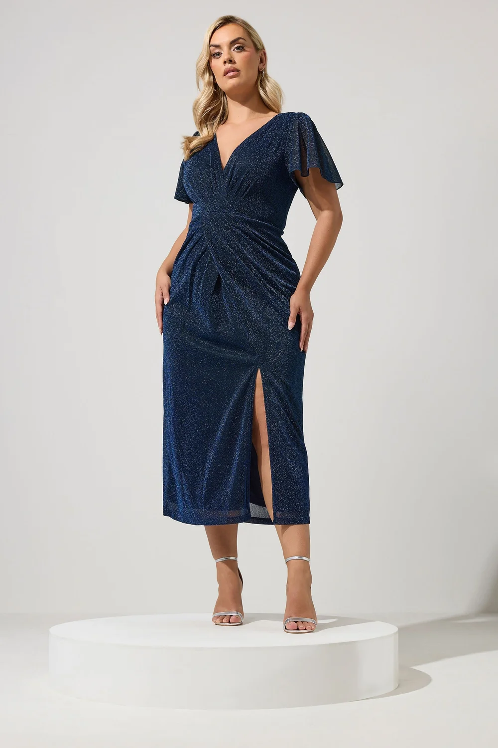 Yours London Curve Blue Metallic Wrap Dress - 26-28 Image 1