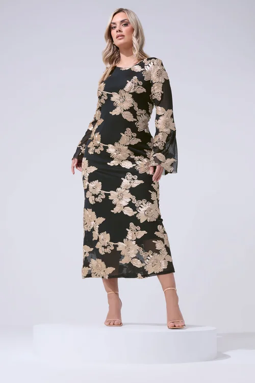 Yours London Curve Black Floral Applique Dress - 18 Image 3